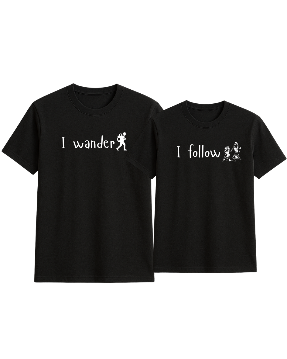 Black (3) Travelling Couple - I wander, I follow Tees - Image 1